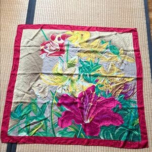 Vintage Designer Floral Scarf with Red and Green Accents and Yellow Tiger Lily